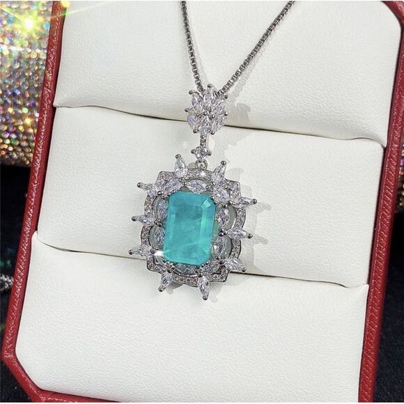 Lab Created  Paraiba Tourmaline &Zircon vintage inspired silver Pendant necklace - Picture 6 of 16